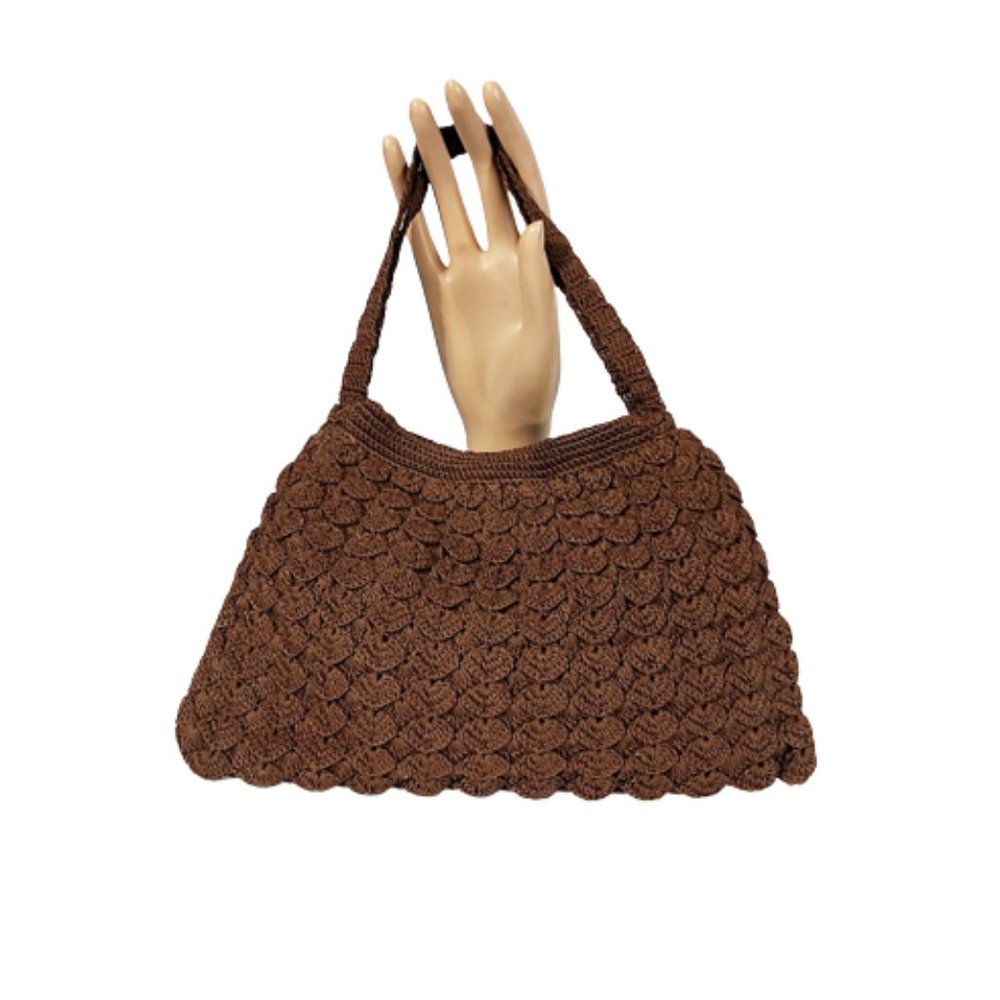 1940s True Vintage Small Rust Brown Top Handle Crocheted Cotton Handbag